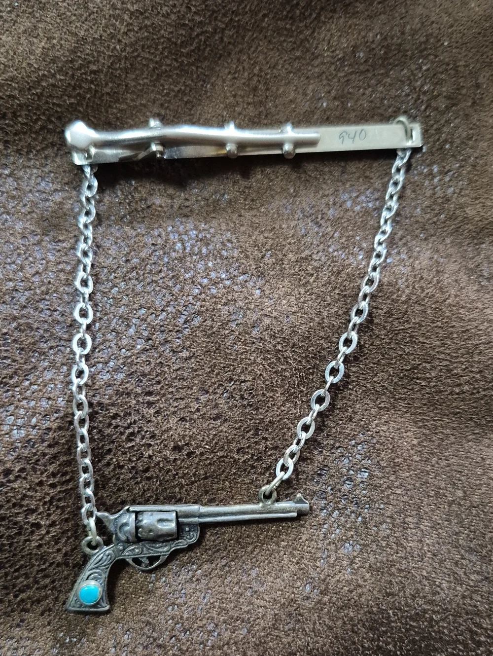 Vintage,Colt 45, Silver-tone Western Revolver Tie Bar with Turquoise 940 Silver.